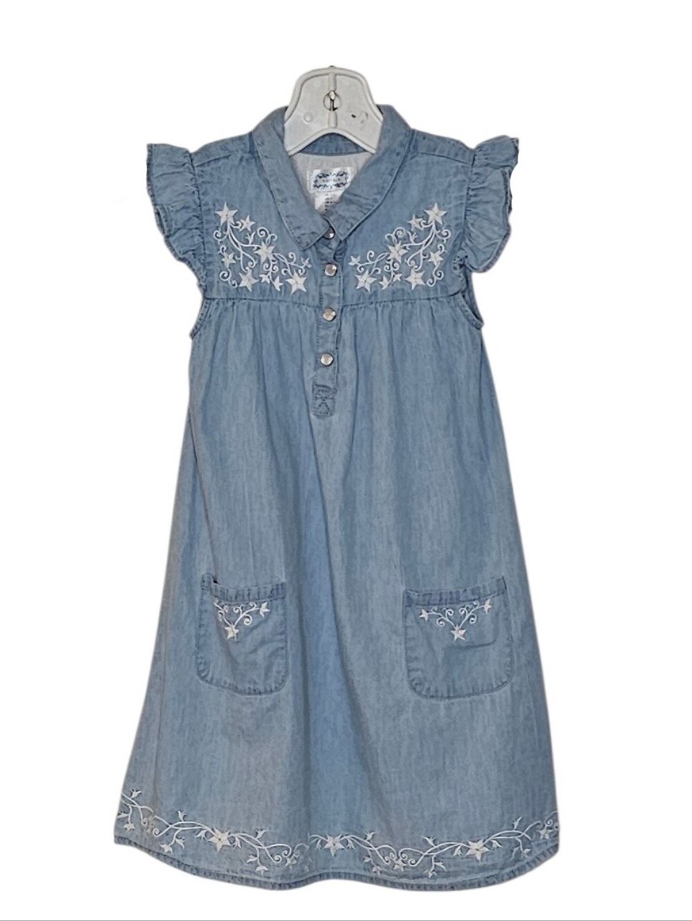 Kaisley Lightwash Denim Cowgirl Dress Pearl Snap Buttons Ruffle Cap Sleeve 7